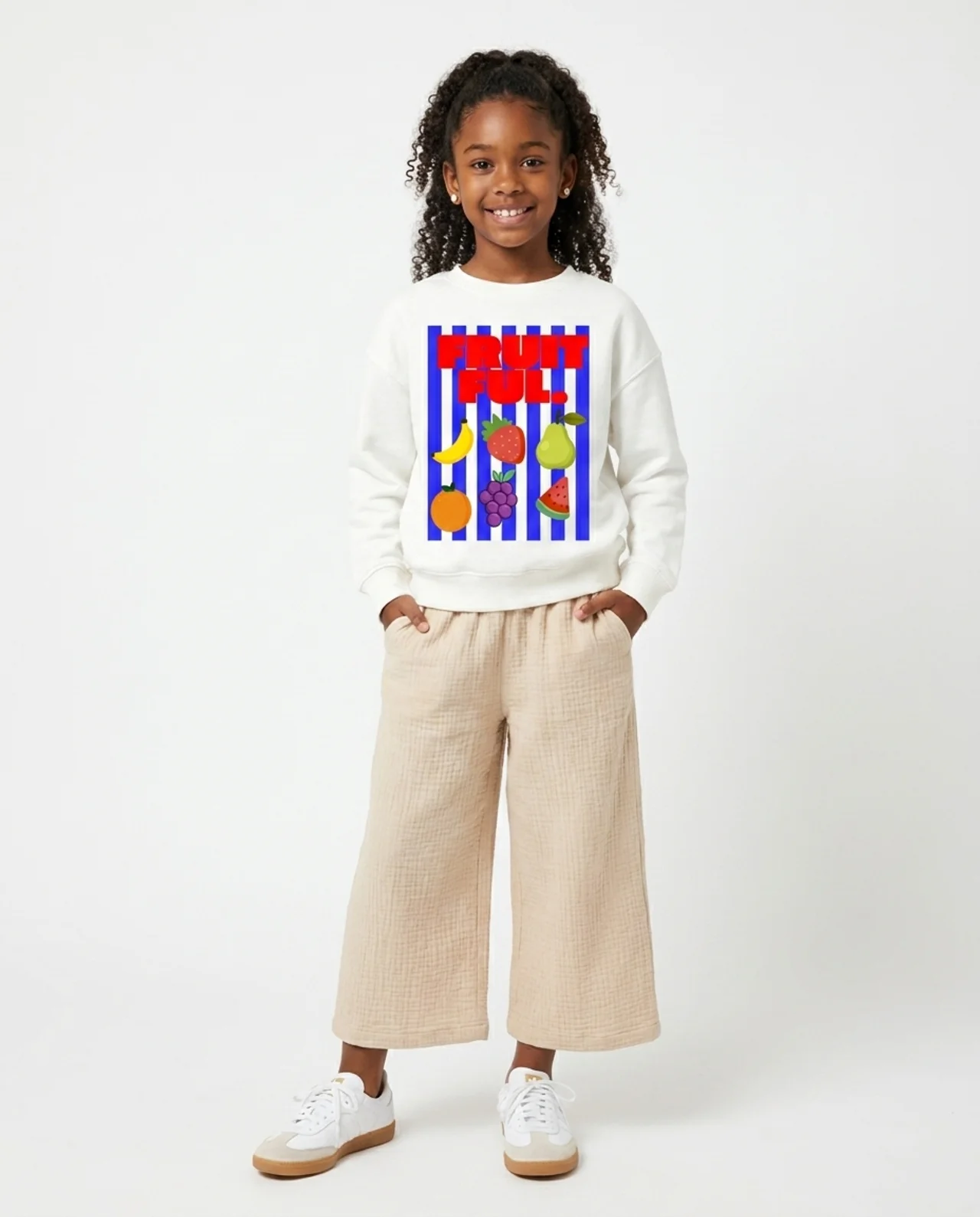 Kid wearing the Fruitful crewneck sweatshirt